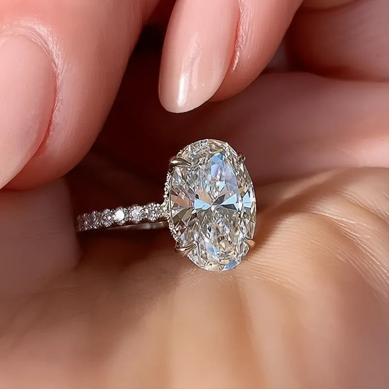 Oval Finger Ring Band with Dazzling CZ Stone Four Prong Setting Classic Wedding Anniversary Gift for Women