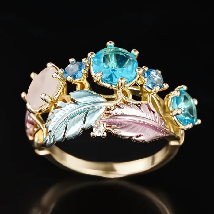 Brass Geometric Feather Ring for Women with CZ Wedding Band Jewelry