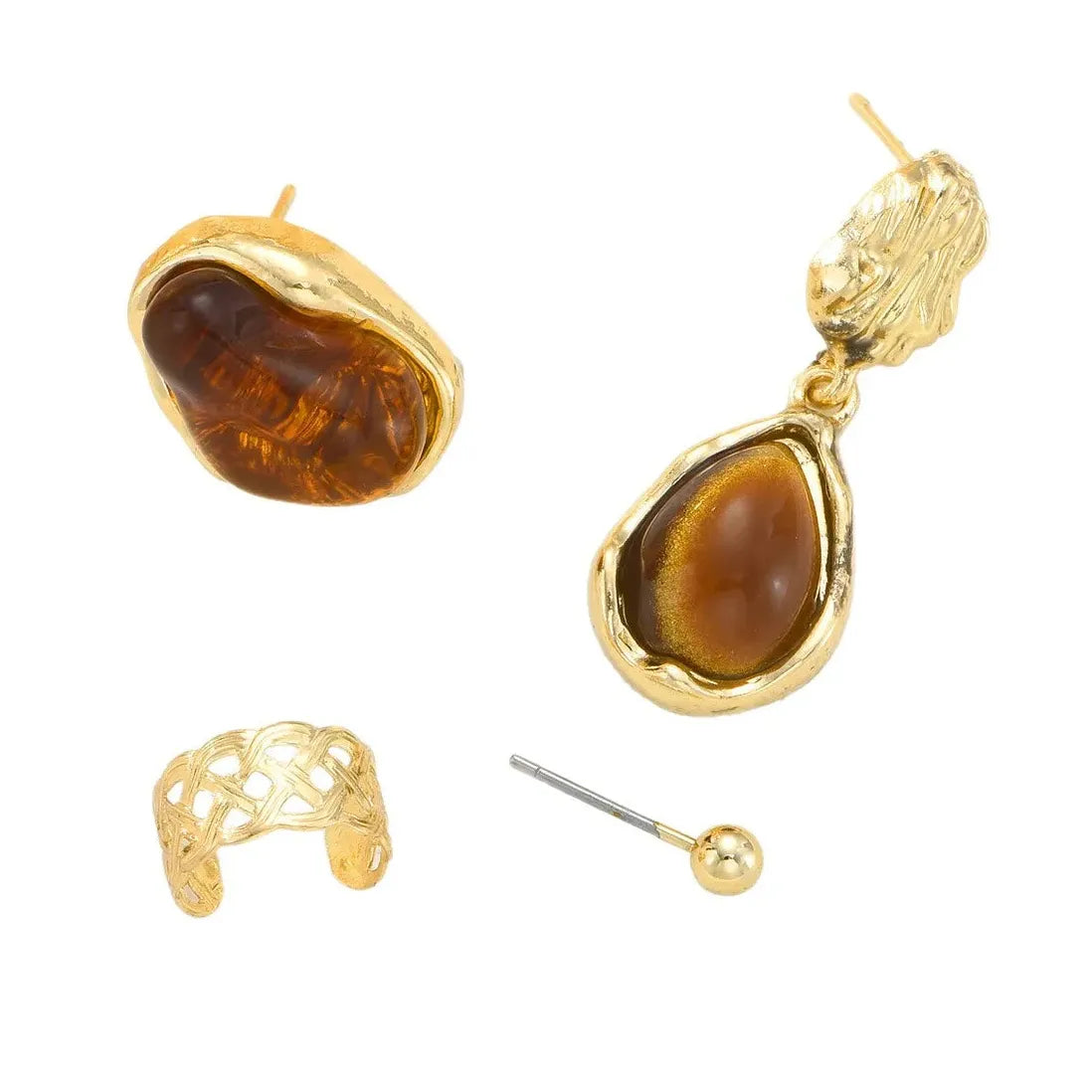 4Pc Vintage Brown Tiger Eye Stone C-Shaped Metal Ear Clip Earrings Set