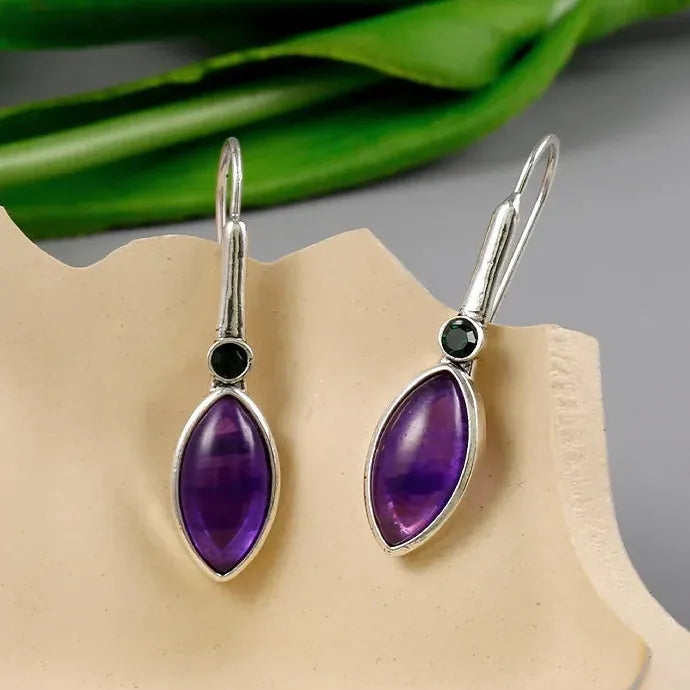 Horse Eye Shape Purple Zircon Drop Earrings Zinc Alloy Silver Plated Jewelry Gift
