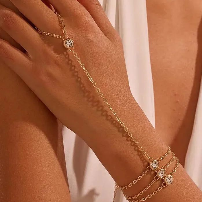 Fashion Metal Multilayer Hand Chain Link Ring Bracelet Women Wedding Jewelry