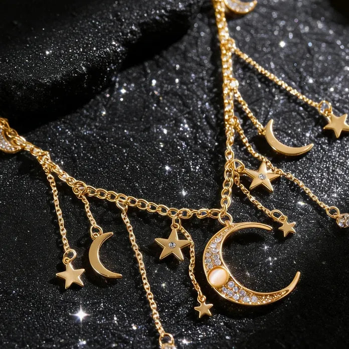Vintage Moon Star Tassel Pendant Necklace for Women Zinc Alloy Crystal Gift