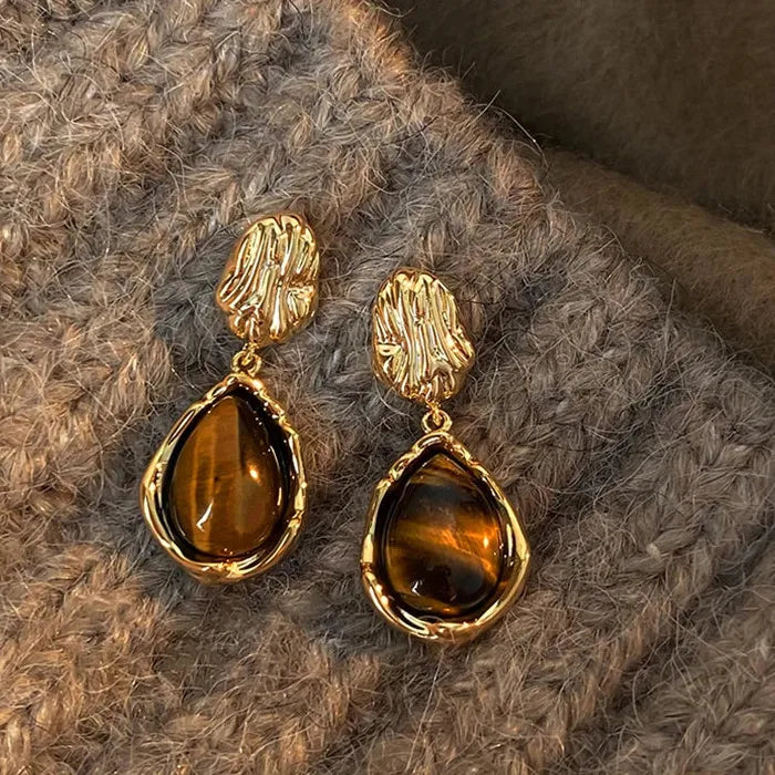 Brown Resin Tiger Eye Dangle Earrings for Women with Silver Needle