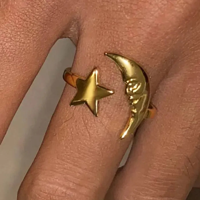 Adjustable Stainless Steel Moon Star Ring for Women Celestial Gift