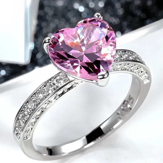 Luxury Women Heart Engagement Ring Brass Solitaire Pink Cubic Zirconia Anniversary Gift