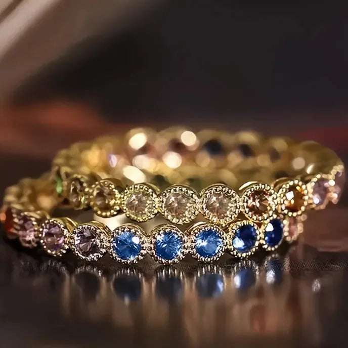 Colorful Rainbow Cubic Zirconia Promise Ring for Women Gold Tone Trendy Wedding Jewelry