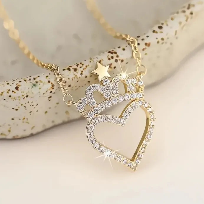 Sweet Crown Heart Pendant Necklace for Women CZ Anniversary Gift