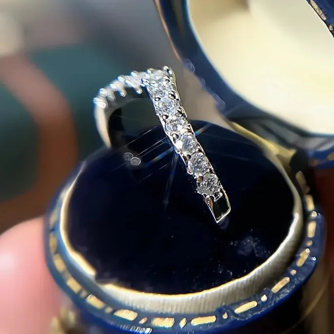 Women’s V-Shaped Brass Ring with Cubic Zirconia Geometric Wedding Band