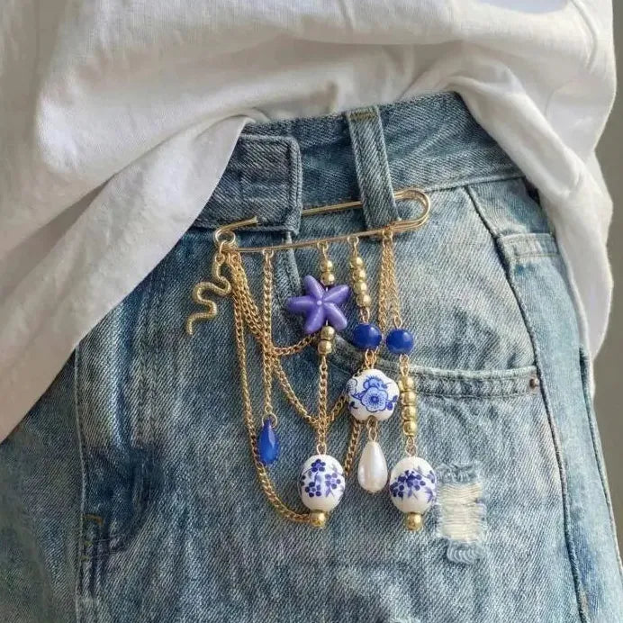 Geometric Ceramic Starfish Tassel Brooch Pin for Women Jewelry
