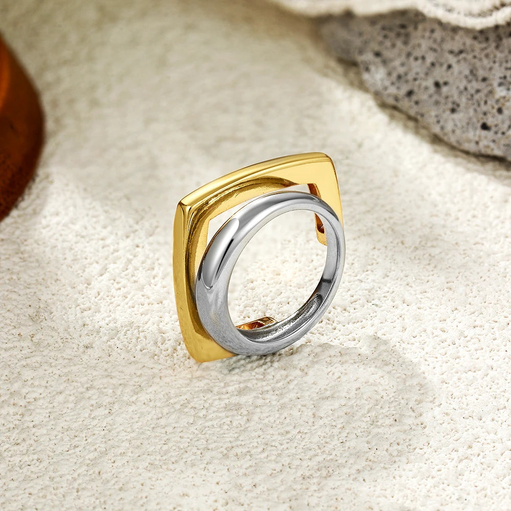 18k Gold Plated Stainless Steel Geometric Double Layer Ring Hypoallergenic Jewelry