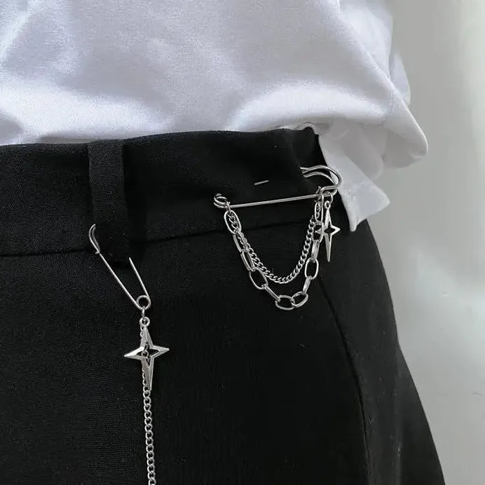 Zinc Alloy Punk Star Pendant Brooch with Double-Layer Tassel Chain for Women