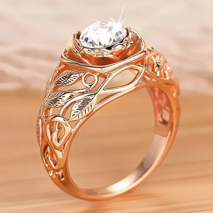Elegant Hollow Out Rose Leaf CZ Brass Cocktail Ring for Women Party Jewelry