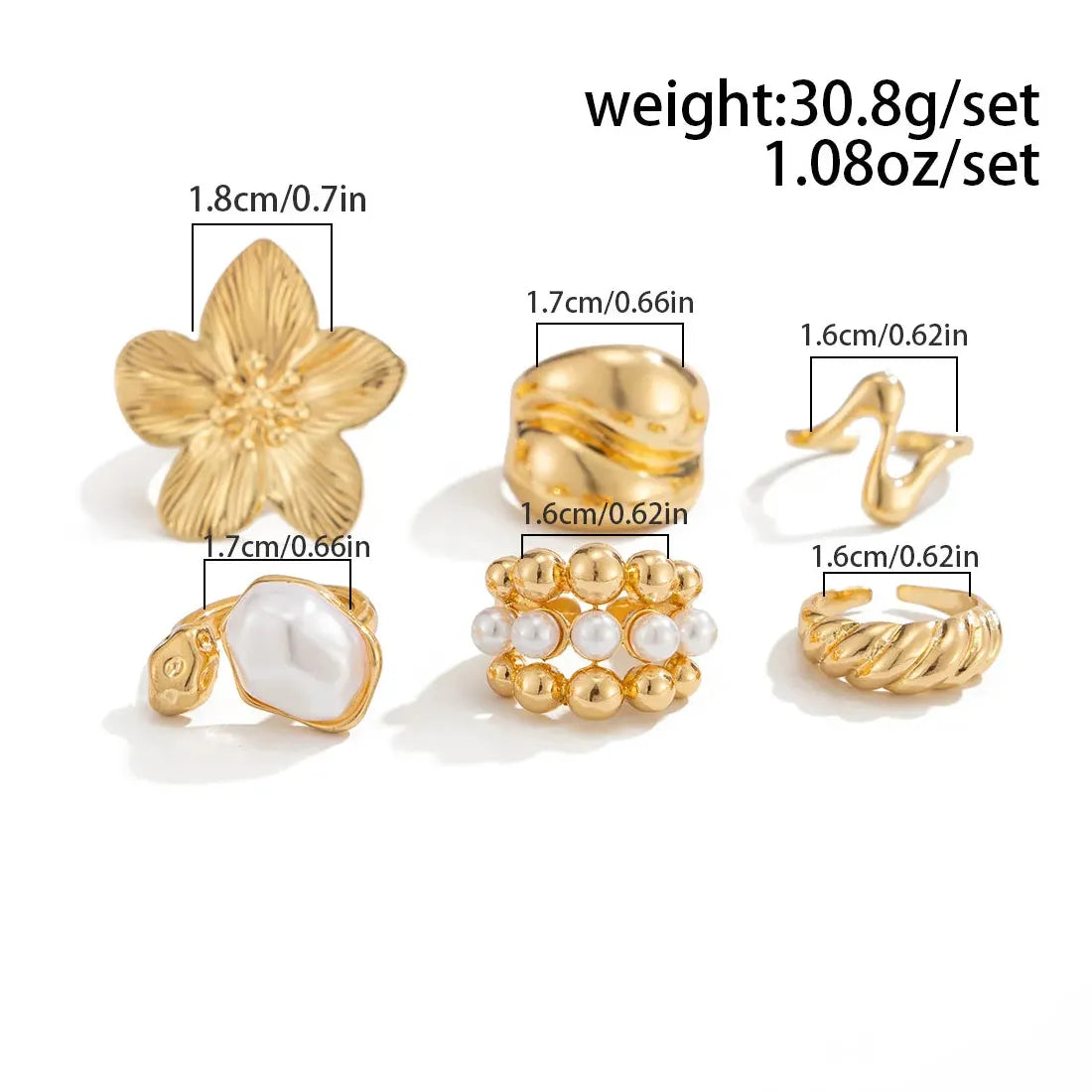 6Pcs Vintage Flower Plant Rings Set Imitation Pearl Jewelry Gifts