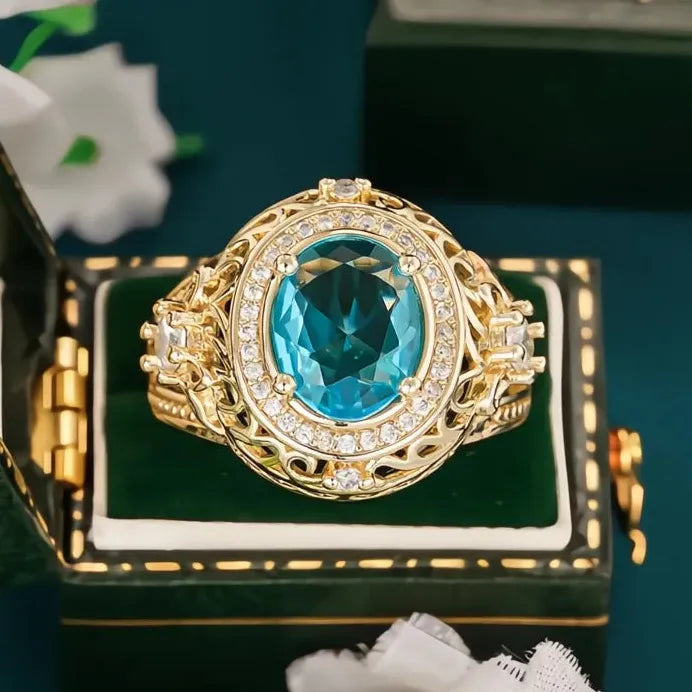 Gold Cocktail Ring with Blue Cubic Zirconia Inlay for Women’s Parties