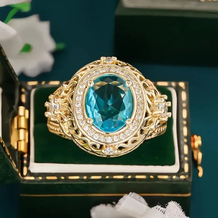 Women’s Gold Color Wedding Band with Oval Blue Cubic Zirconia Ring