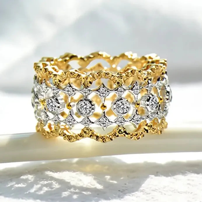 Two-tone Hollow-out Brass Wedding Band with Sparkling Zirconia for Women