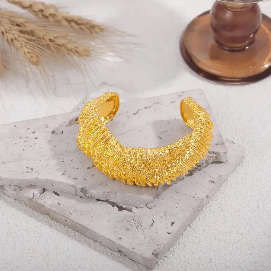 18K Gold Plated Hip-Hop Rock Lava Textured Chunky Open Cuff Bracelet