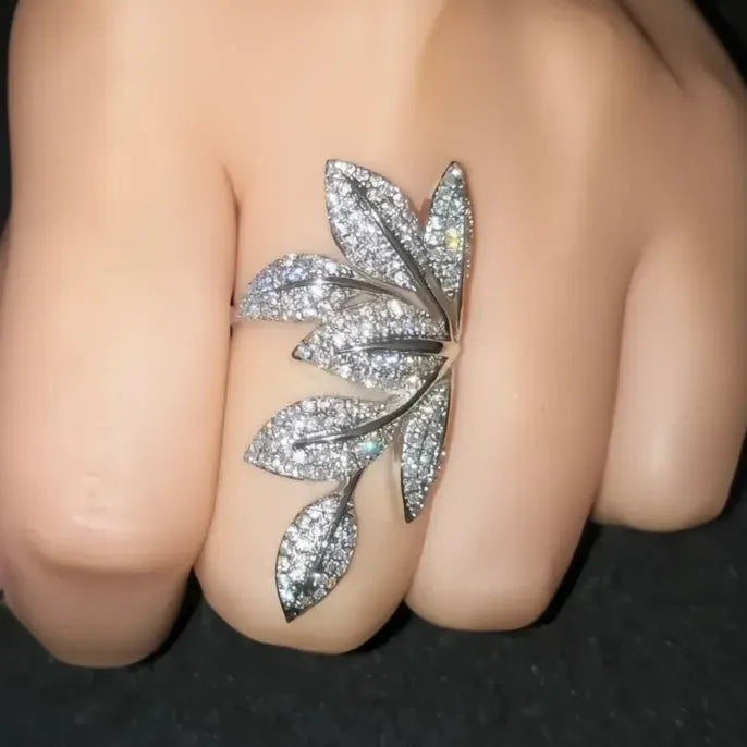 Exaggerated Leaf Brass Ring with Cubic Zirconia for Women Wedding Jewelry
