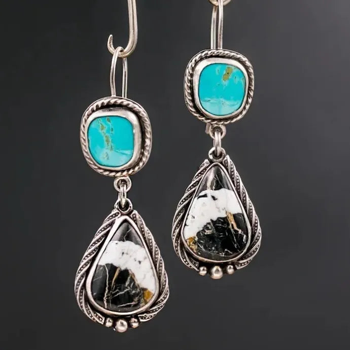 Women’s Blue Resin Inlaid Retro Handmade Metal Pendant Drop Earrings