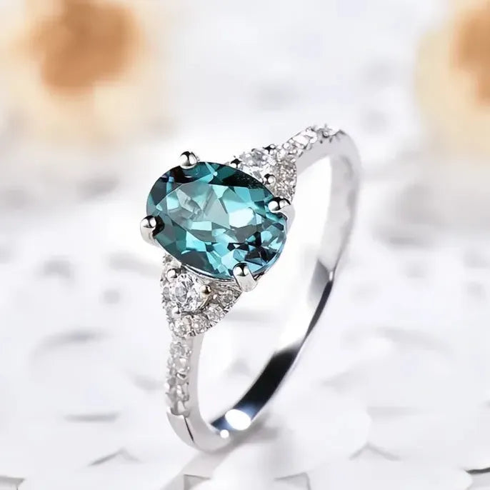 Oval Blue Cubic Zirconia Brass Geometric Wedding Band Ring for Women