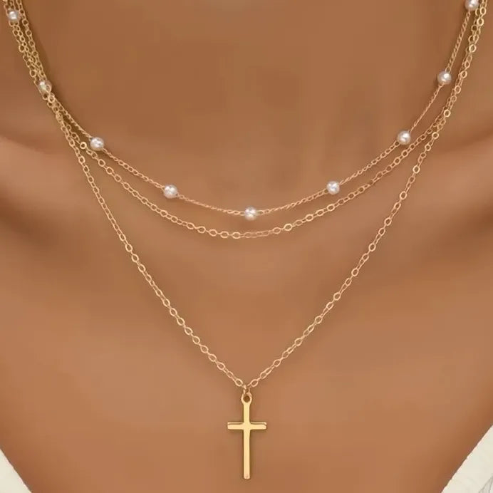 Elegant Simulated Pearl Pendant Necklace Cross Design for Women