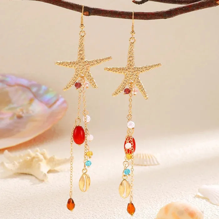 Boho Starfish Shell Jewelry Set Zinc Alloy Crystal Bead Necklace Earrings