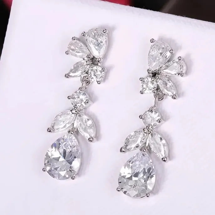 Geometric White Cubic Zirconia Drop Earrings for Women Bridal Wedding Copper Alloy