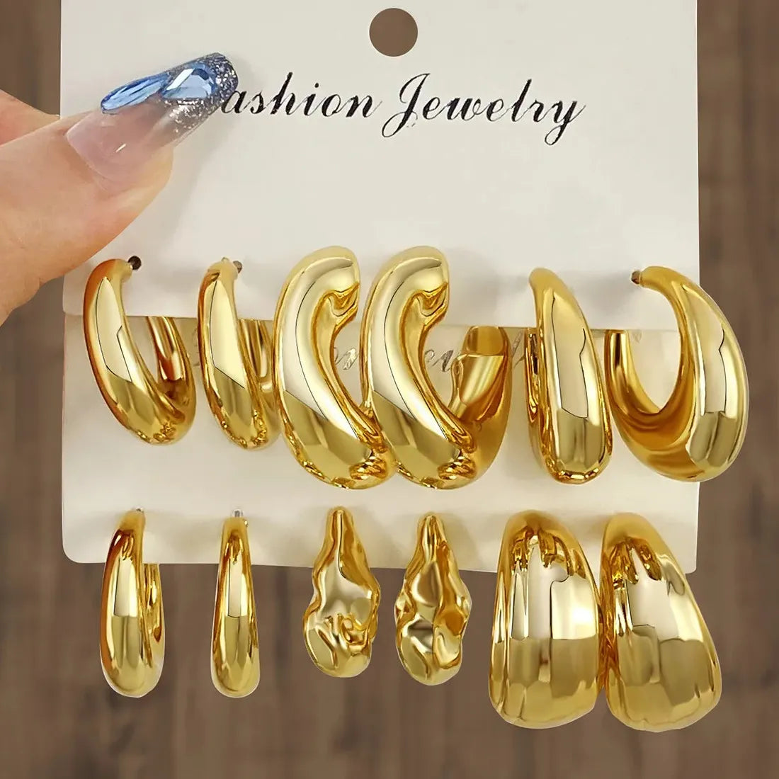 12Pcs Vintage Gold Geometric Water Drop C-Earrings Tungsten Zinc Alloy