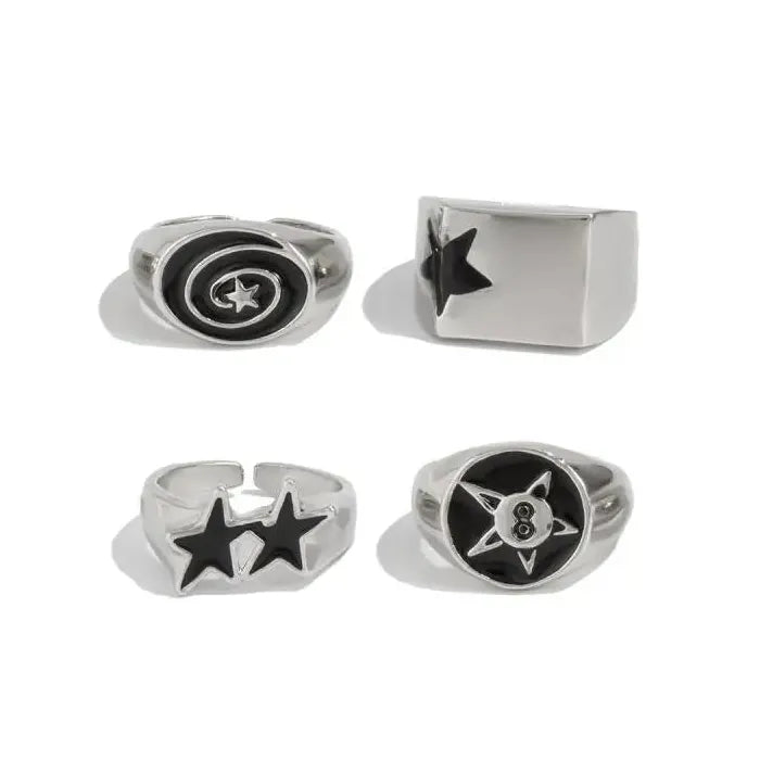 4Pcs Men’s Black Star Wide Hip Hop Geometric Rings Set Adjustable