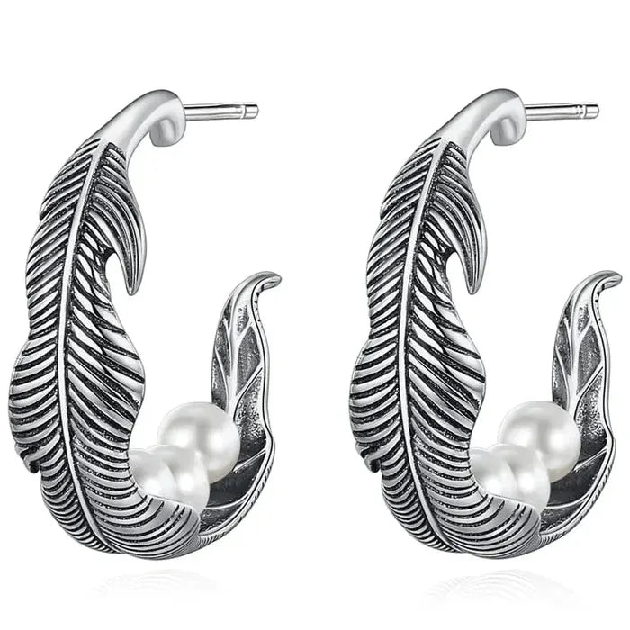Vintage C-Shaped Feather & Imitation Pearl Earrings Classic Style Jewelry Gift for Women