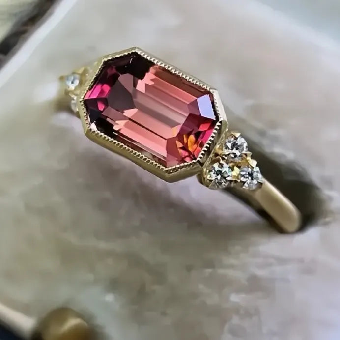 Geometric Gold Color Red Cubic Zirconia Wedding Band Ring for Women Gift