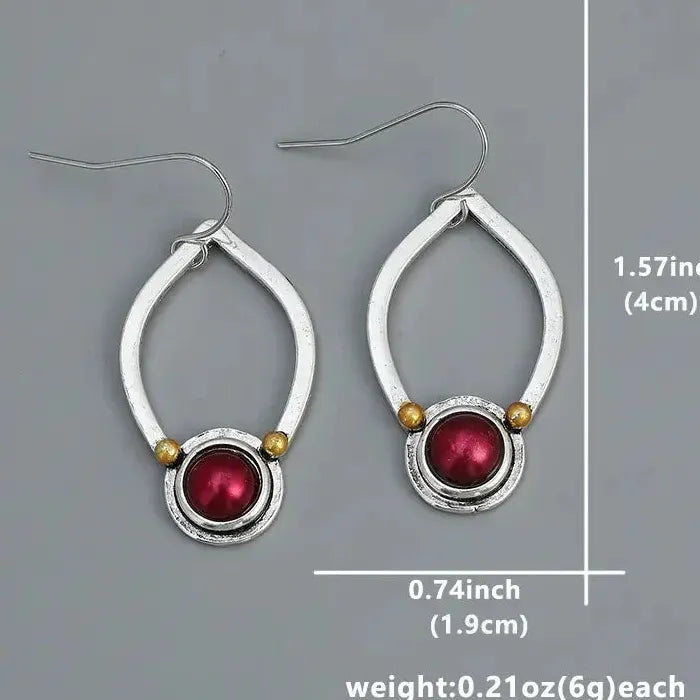 Vintage Red Stone Oval Drop Earrings for Ladies Zinc Alloy Antique Jewelry