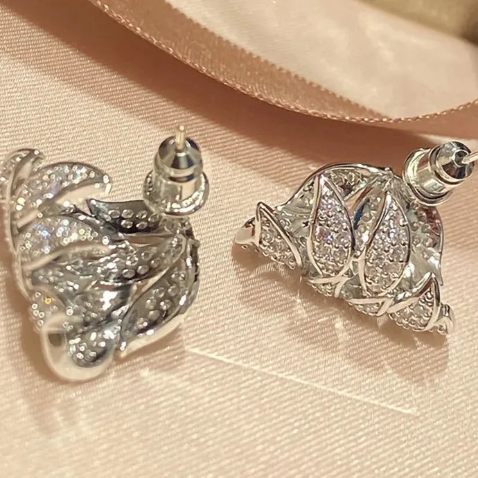 Copper Silver Leaf Crystal Cubic Zirconia Earrings for Women Wedding Party Jewelry