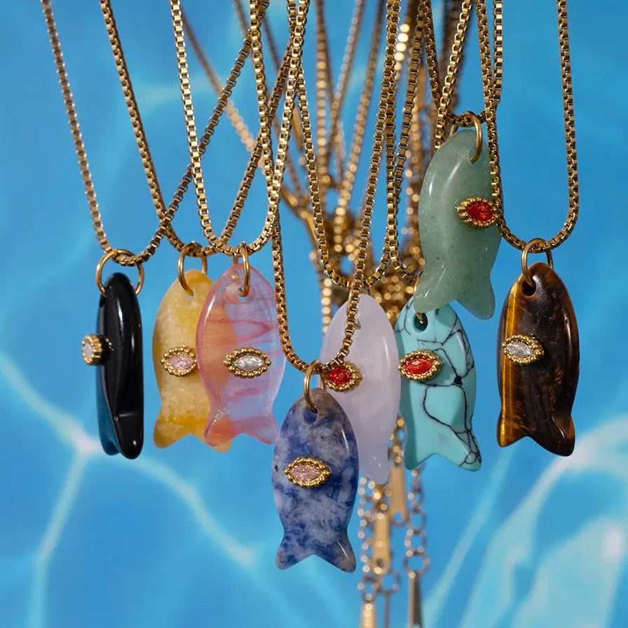 18K Gold Plated Stainless Steel Fish Pendant Necklace Opal Zircon Evil Eye Gift