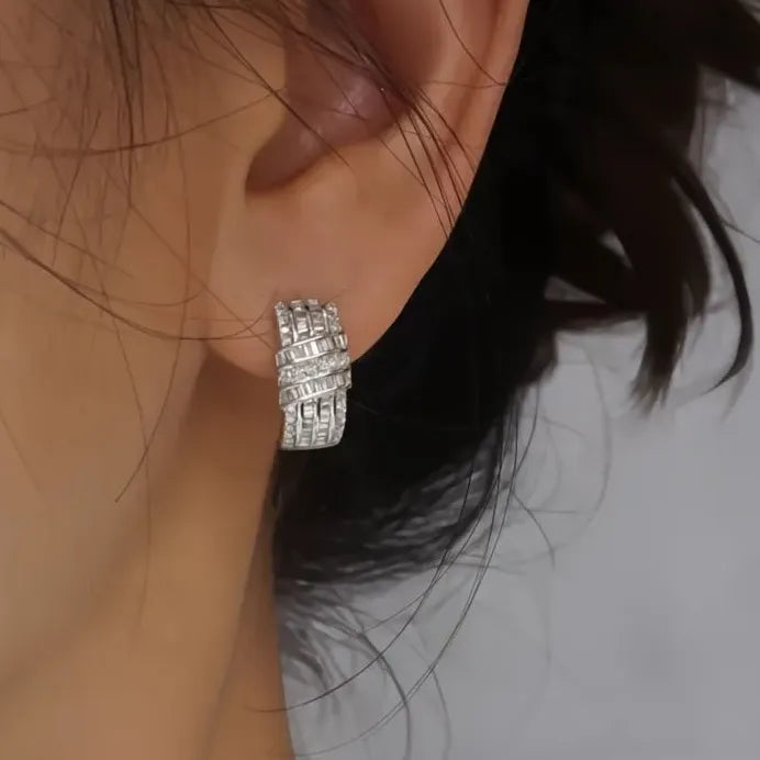 Geometric Silver Knot Hoop Earrings with Shiny CZ Stones for Weddings