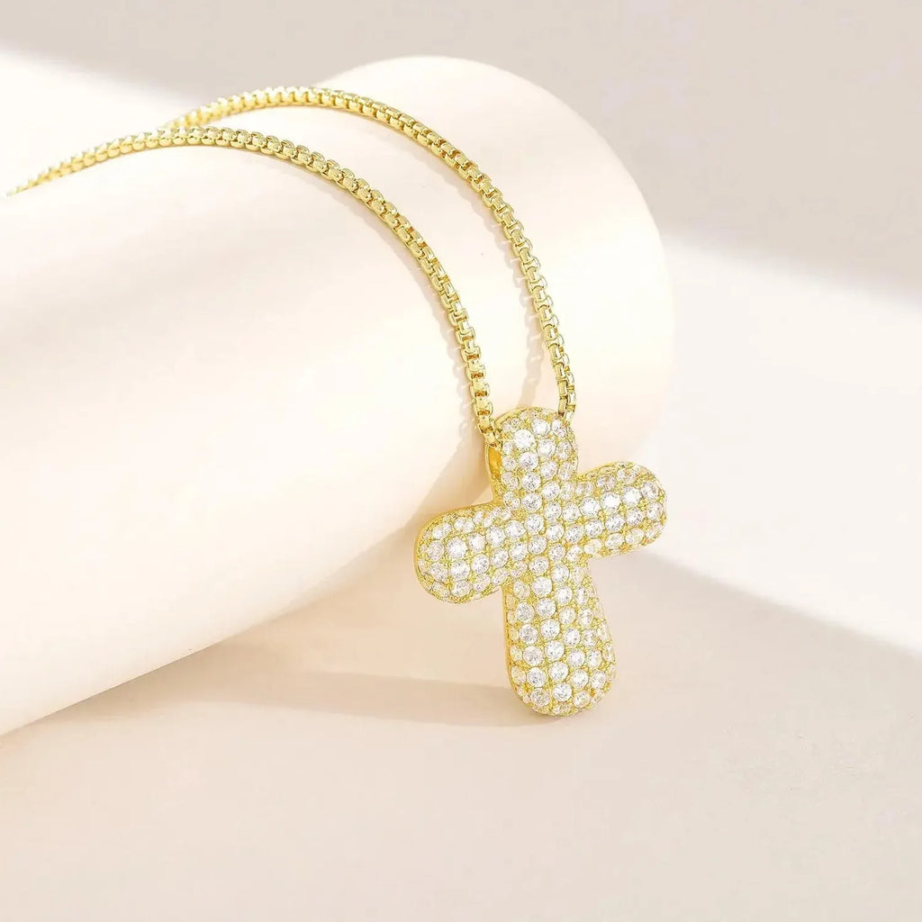 18K Gold Plated Zircon Thick Cross Pendant Necklace Stainless Steel Chain Jewelry