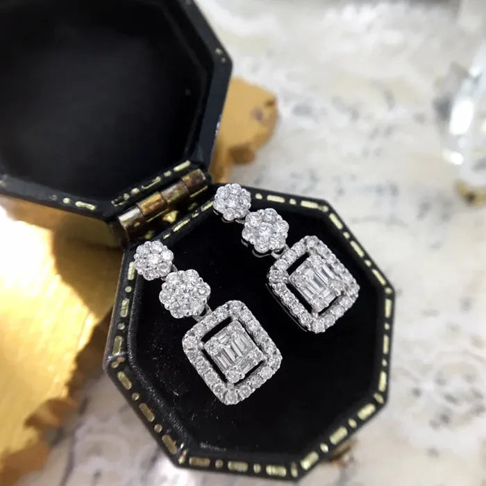 Geometric Flower Hollow Silver Earrings with White Stone Party Pendant for Women