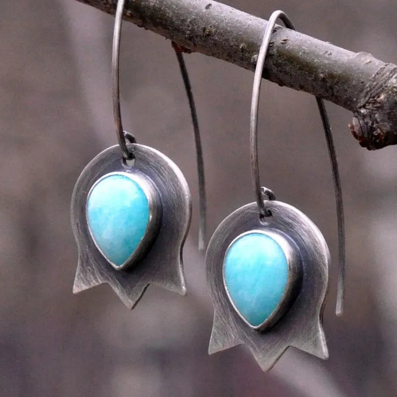 Vintage Floral Tulip Sapphire Inlaid Drop Earrings Zinc Alloy Jewelry for Women