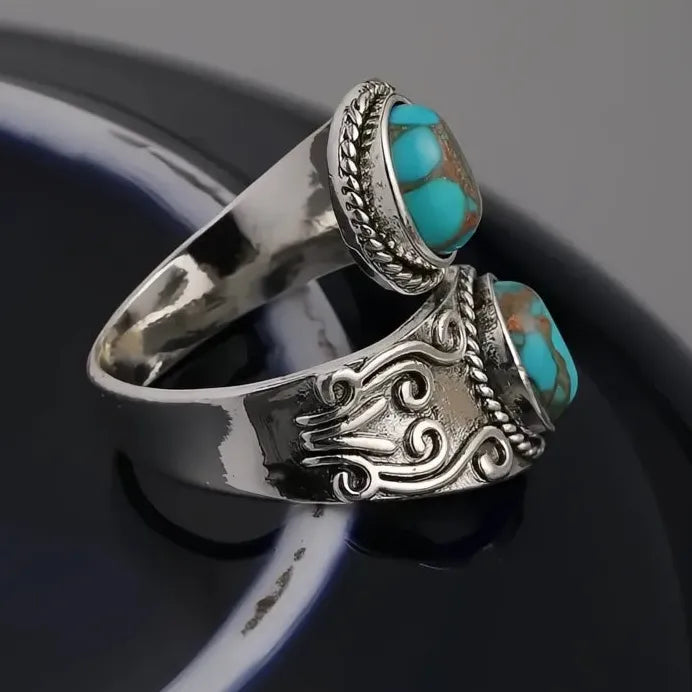 Adjustable Vintage Boho Cross Band Ring with Imitation Turquoise Stone