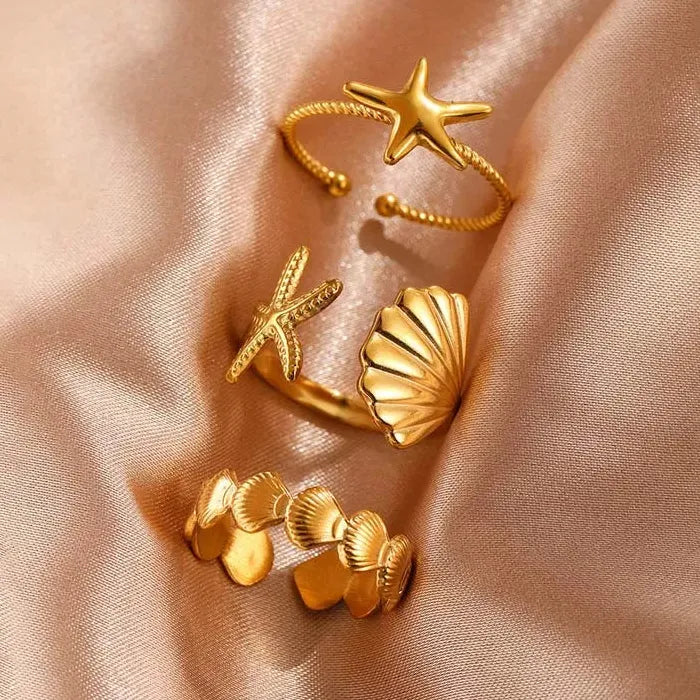3Pcs Adjustable Stainless Steel Starfish Rings Set for Women Vintage Gold Jewelry