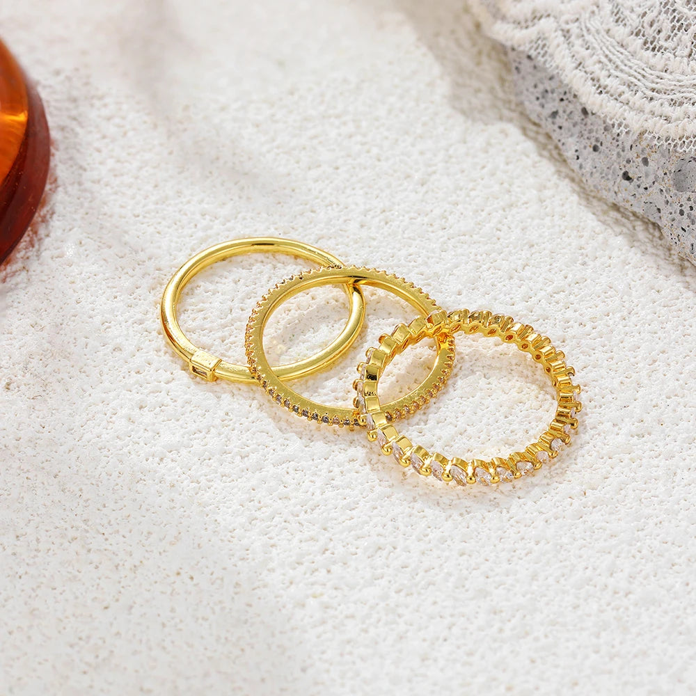 3Pcs Thin Round Stainless Steel Rings 18K Gold Plated CZ Zircon Wedding Jewelry for Women