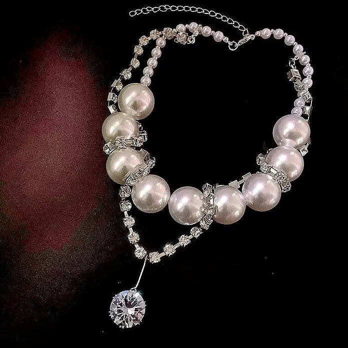 Double-Layer Punk Imitation Pearl Necklace Featuring Zircon Geometric Pendant for Men Women
