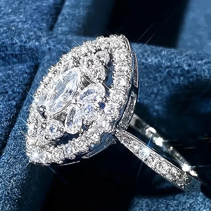Marquise CZ Geometric Eternity Wedding Engagement Ring Silver Tone Women