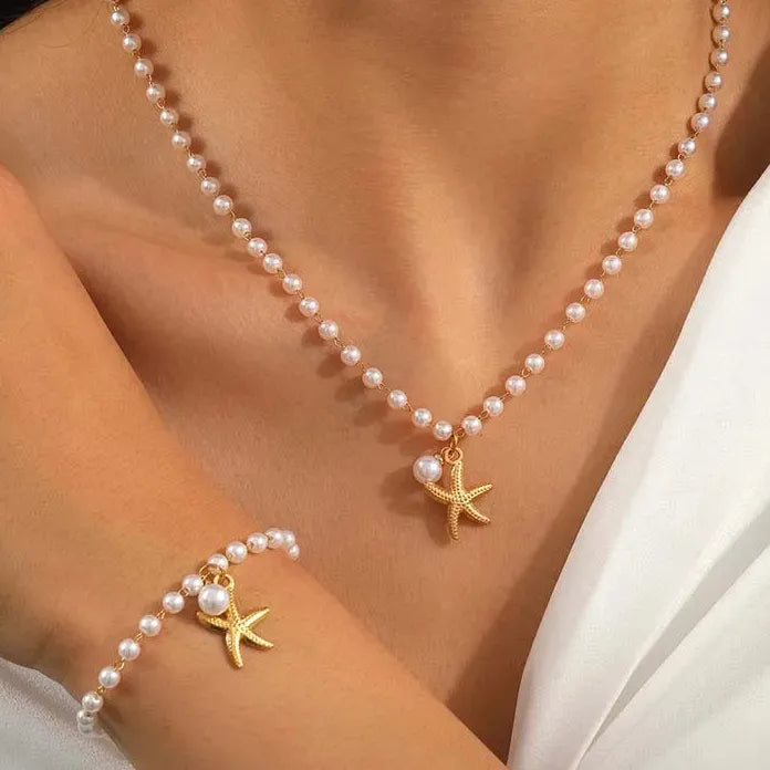 Stainless Steel Starfish Pearl Pendant Necklace Set for Women Gold Chain Gift