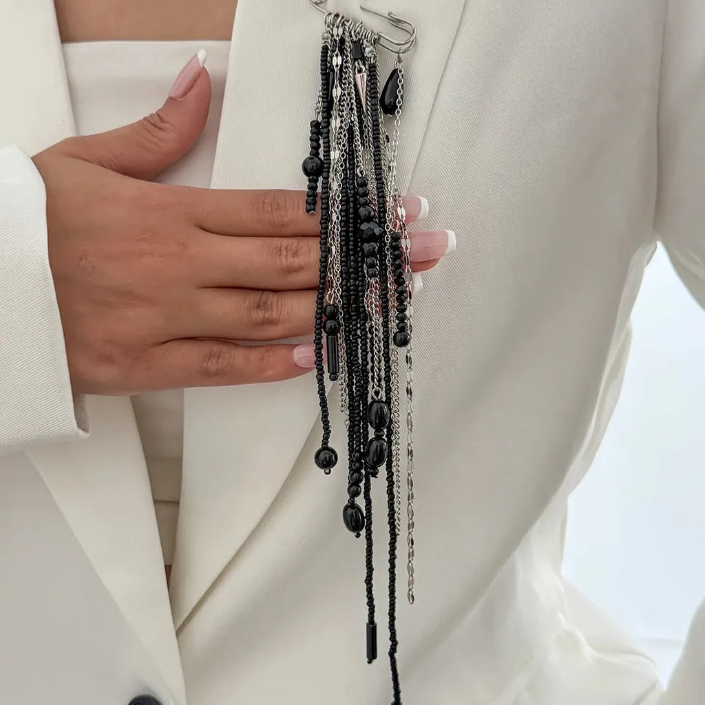 Geometric Black Crystal Long Tassel Zinc Alloy Brooch for Women