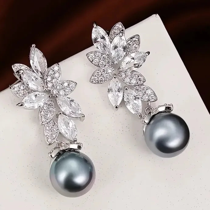 Multi-Colored Imitation Pearl Leaf Dangle Earrings with CZ Brass Alloy