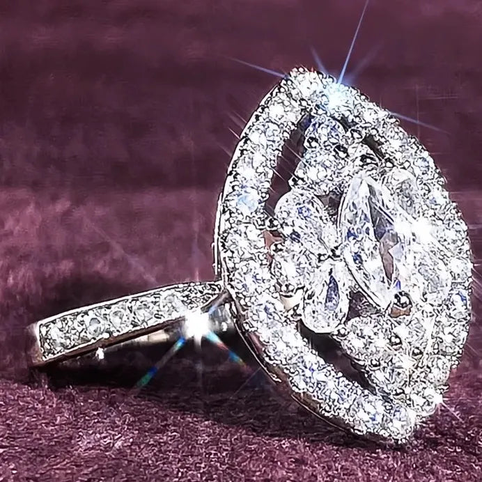 Marquise CZ Geometric Eternity Wedding Engagement Ring Silver Tone Women