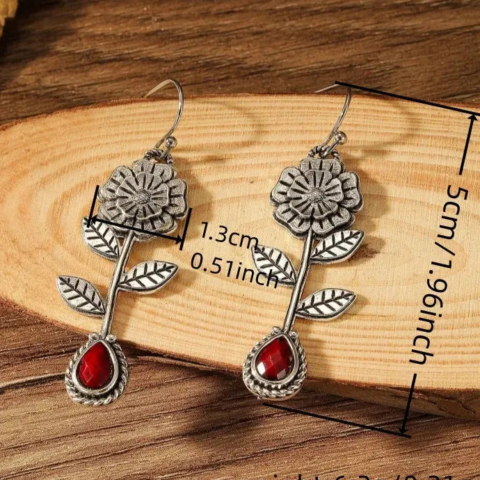 Vintage Metal Handmade Carving Flower Earrings with Redstone Inlay for Women