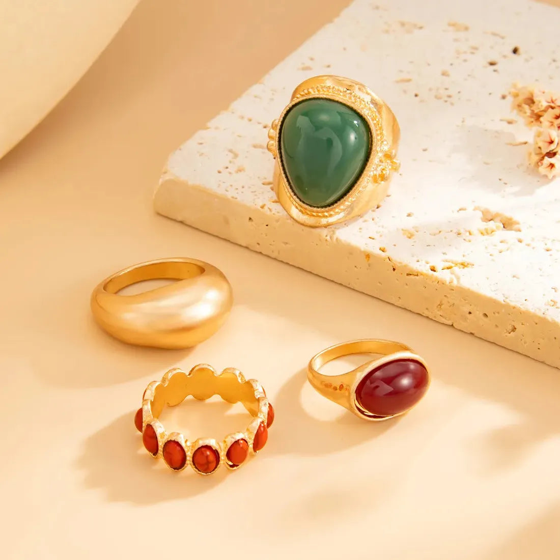 8Pcs Vintage Brown Geometric Stone Open Rings Set for Women Fashion Jewelry