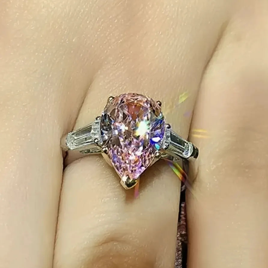 Pear Pink Cubic Zirconia Brass Geometric Engagement Wedding Band Ring Women